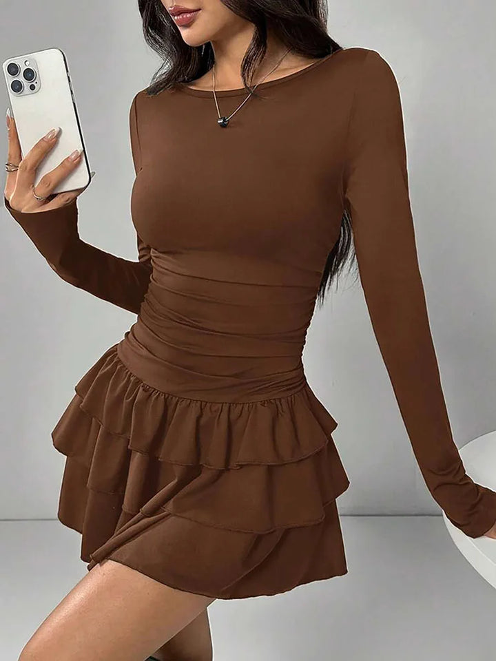 Coffee brown tiered ruffle mini dress, front view