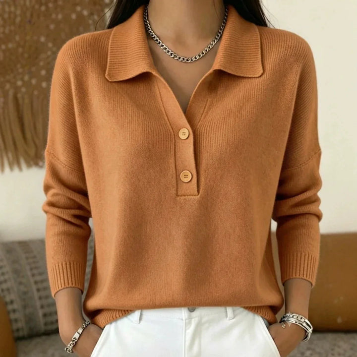 Brown knit polo sweater close up on model