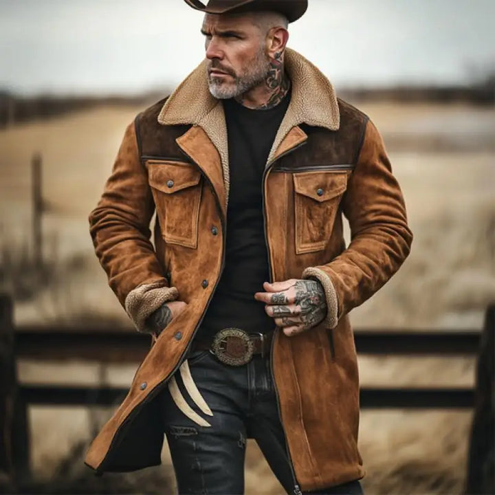 Man wearing brown shearling collar coat outdoors