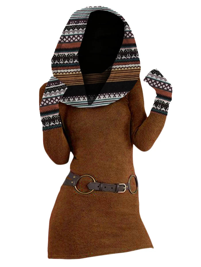 Brown sweater dress with patterned hood, back view