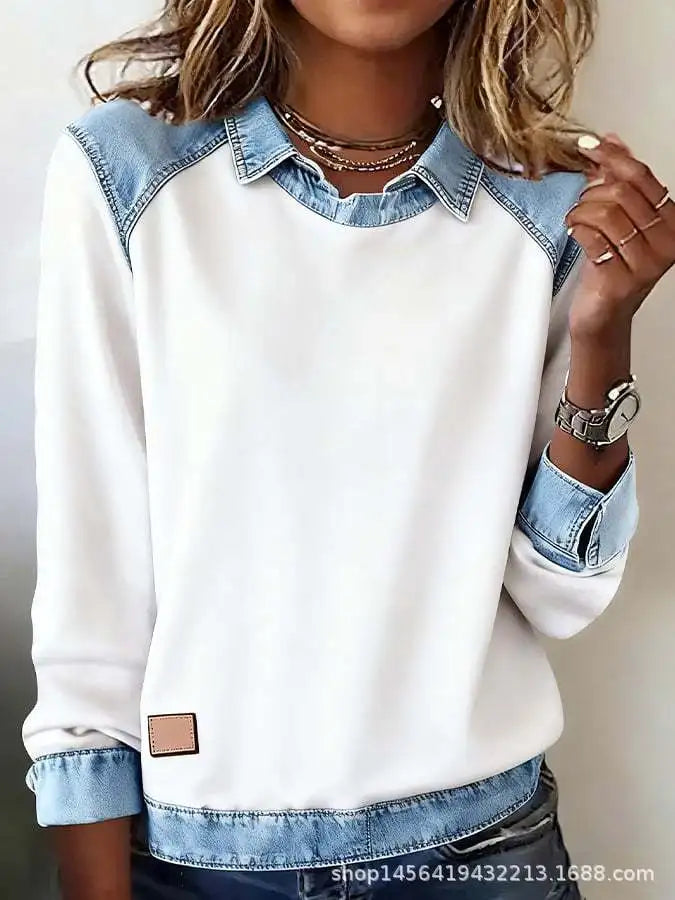 White denim-collar pullover with raglan sleeves