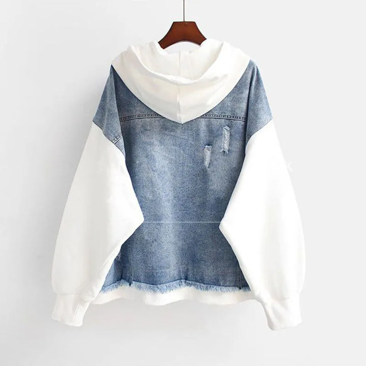 White hooded denim jacket, back view