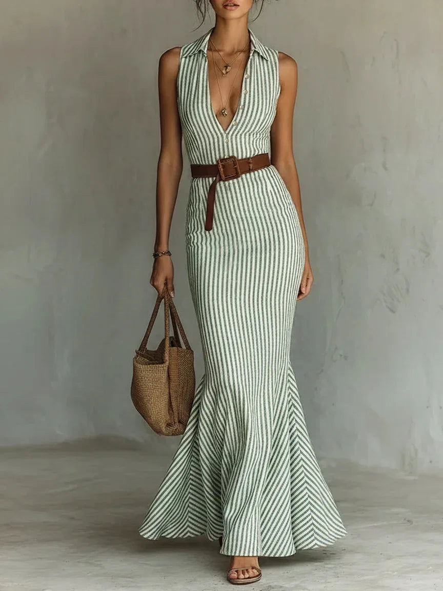 Ada Elegant V Neck Striped Long Dress