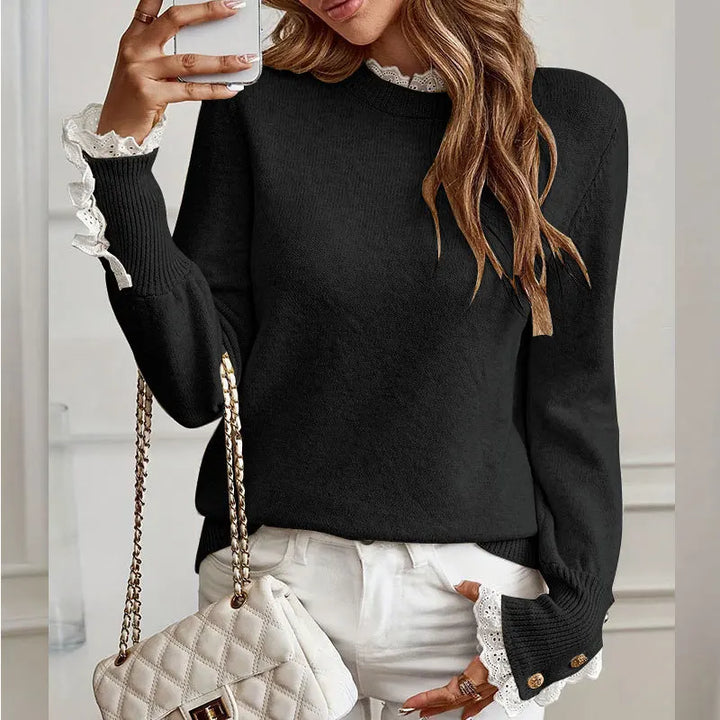 Woman wearing black lace-trim knit pullover sweater