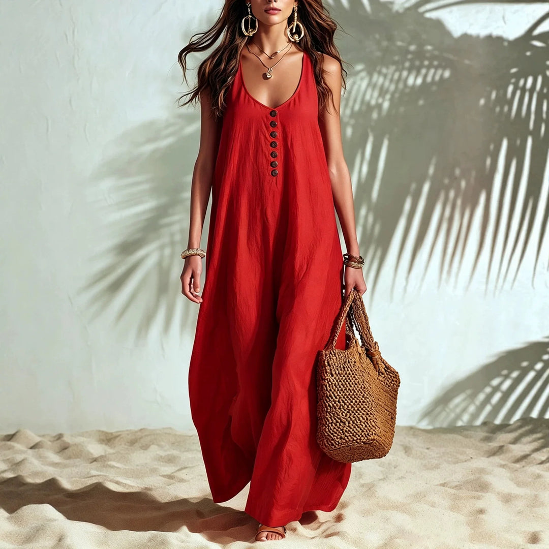 Tessa Casual Sleeveless V Neck Button Maxi Dress