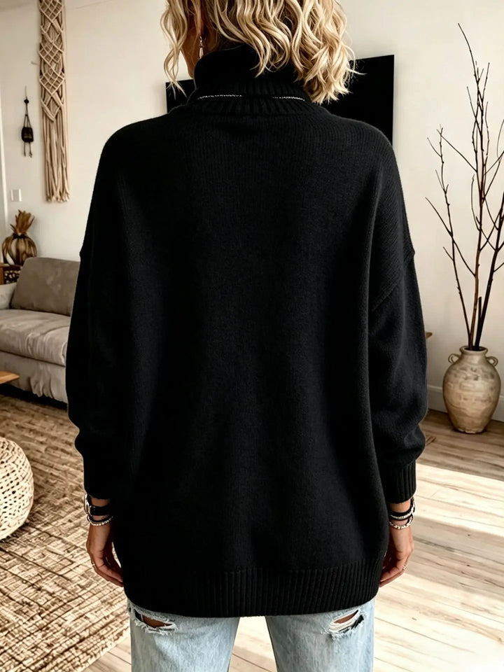 Back view of black turtleneck sweater