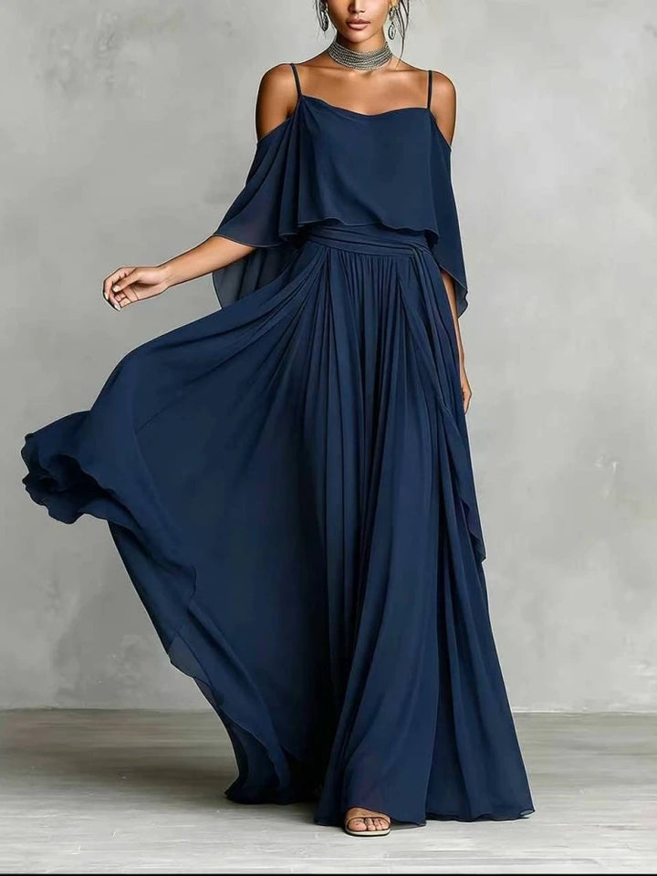 Evangeline Off Shoulder Chiffon Wedding Guest Maxi Dress