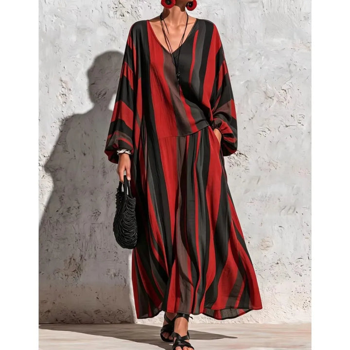 Woman wearing red and black striped V-neck top and wide leg pants set