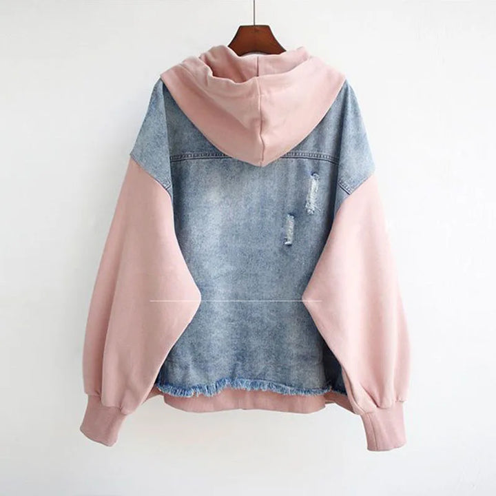 Pink hooded denim jacket, back view