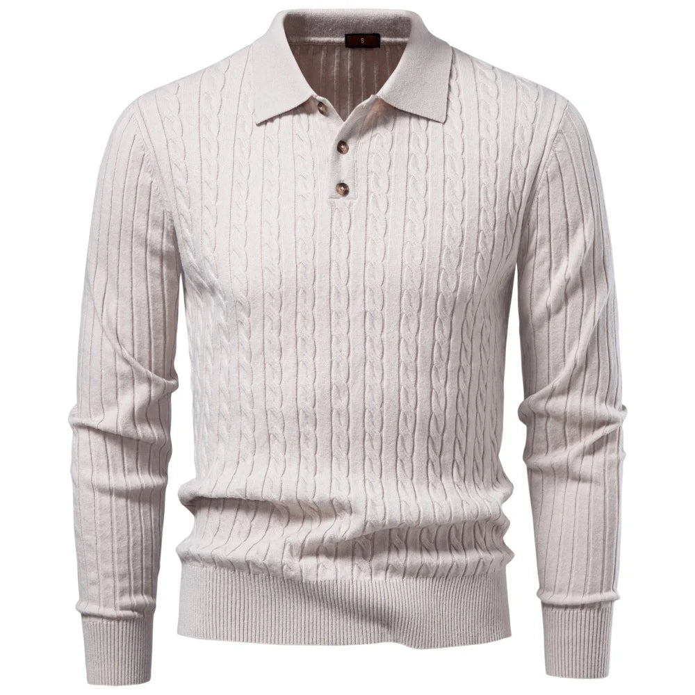 Apricot cable knit polo sweater flat lay