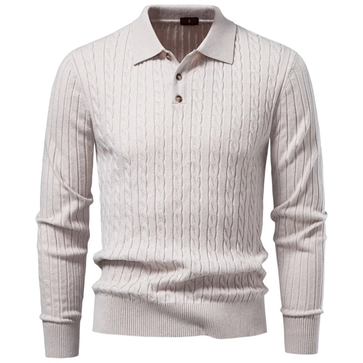 Apricot cable knit polo sweater flat lay
