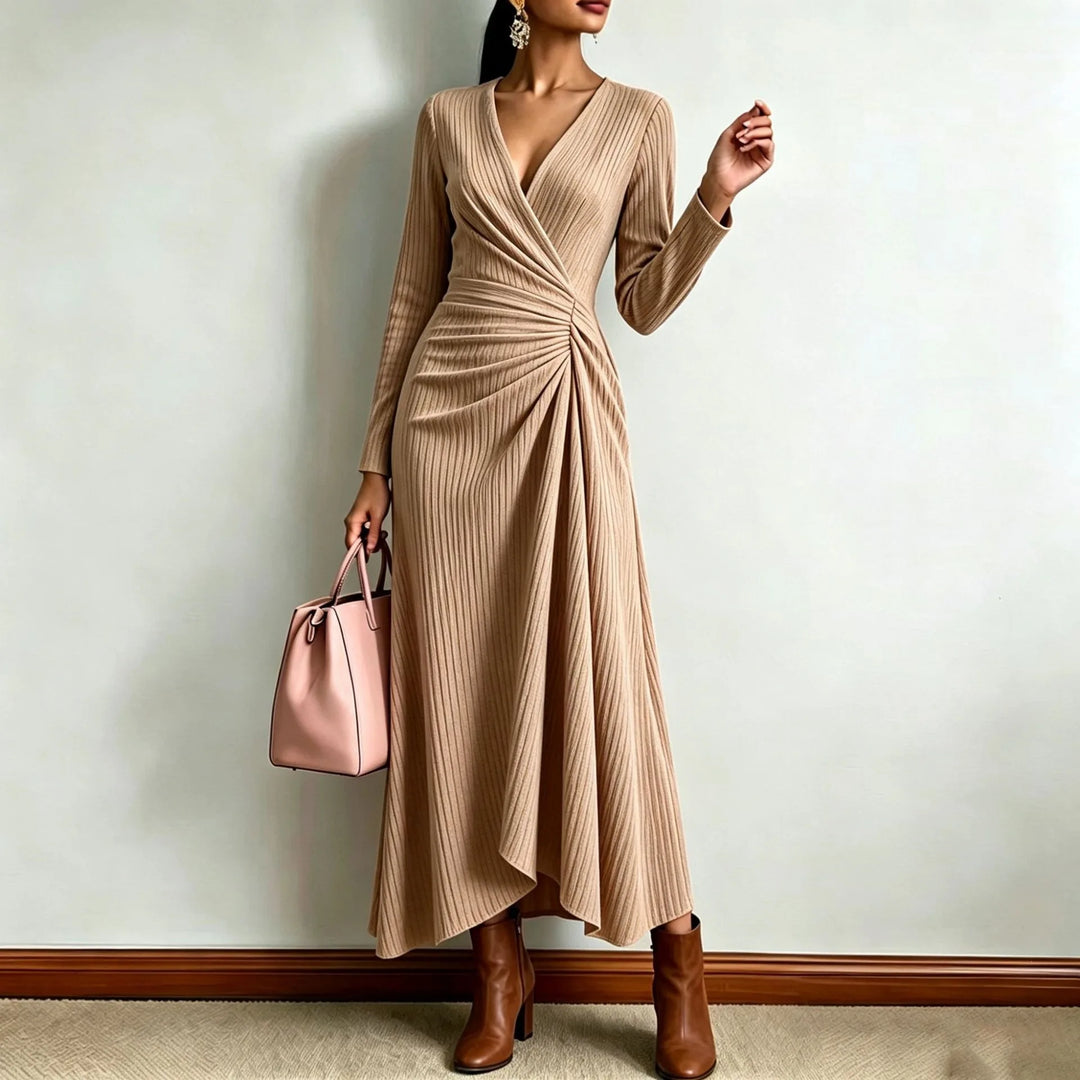 Light brown ribbed knit wrap maxi dress, close up front view