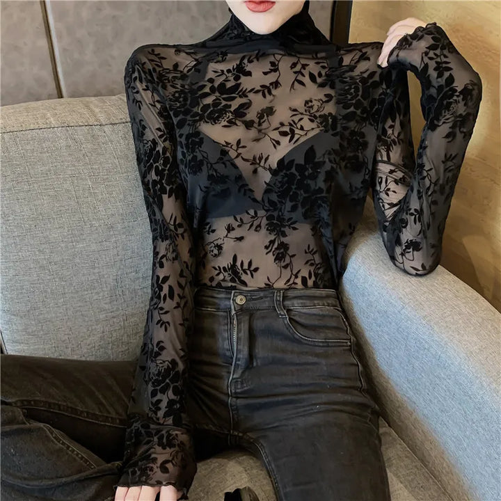 Eleanor Flocked Mesh Turtleneck