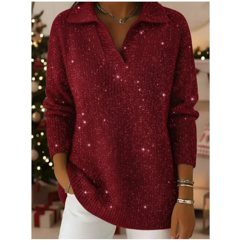 Woman wearing red ribbed knit pullover sweater with notched collar