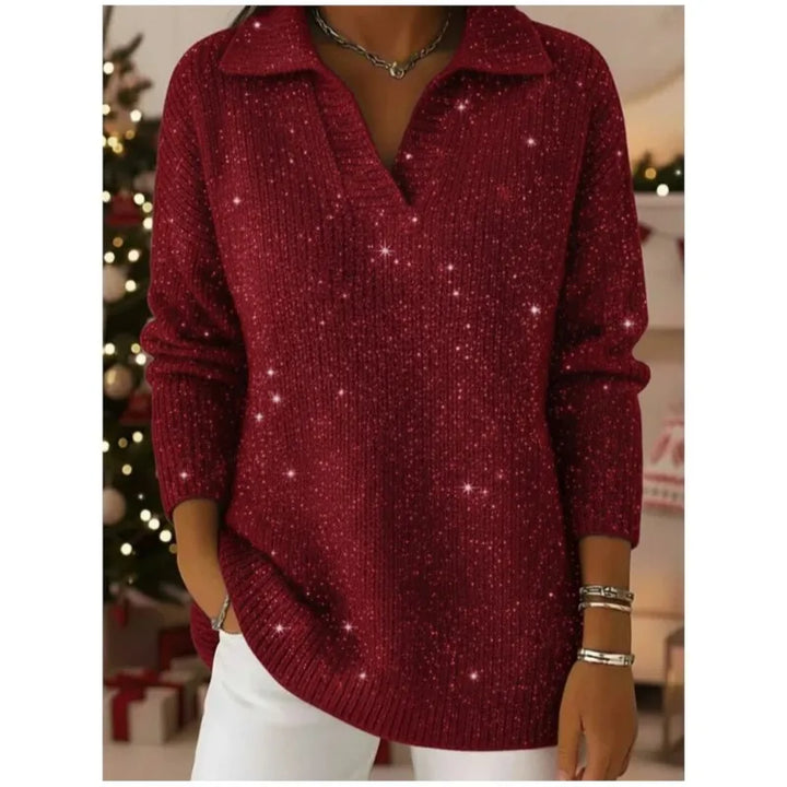 Woman wearing red ribbed knit pullover sweater with notched collar
