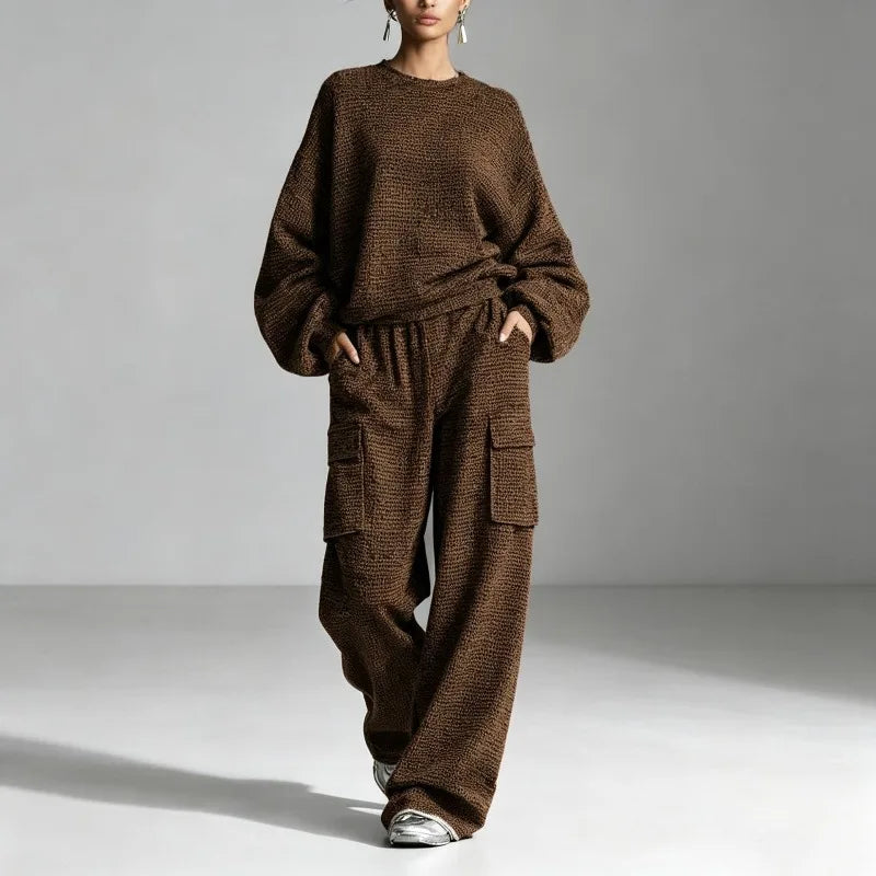Woman wearing dark brown textured knit pullover and cargo pant set, front view