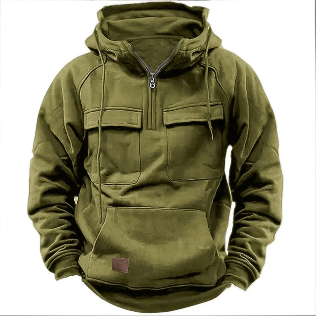 Army green quarter zip hoodie with drawstring hood, front view