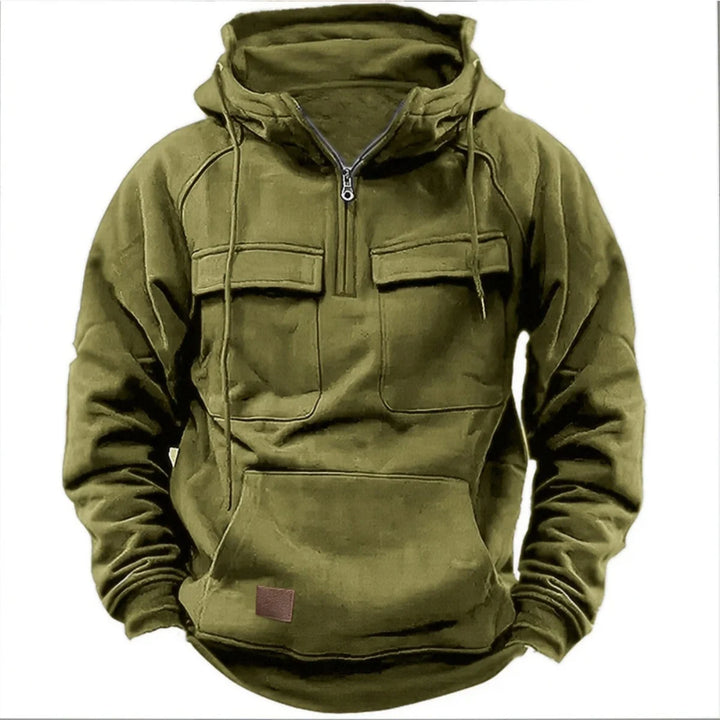 Army green quarter zip hoodie with drawstring hood, front view
