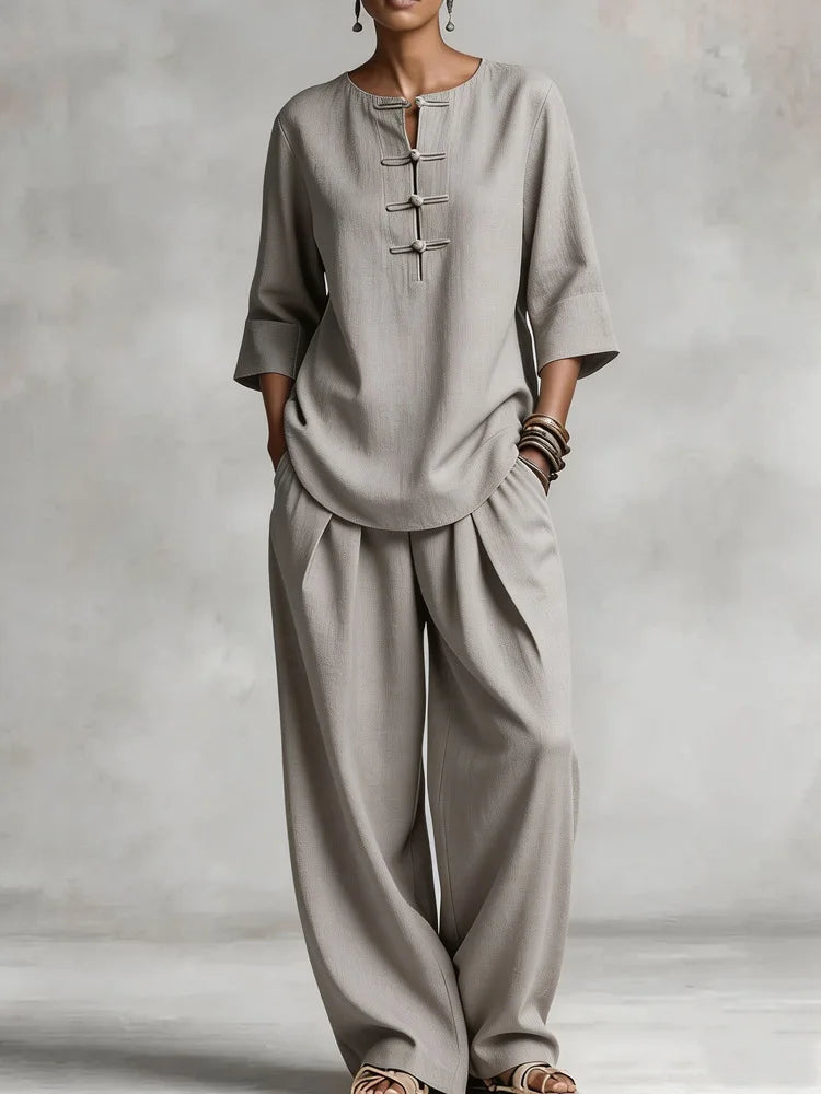 Angela Button Up Shirt Casual Trouser Set