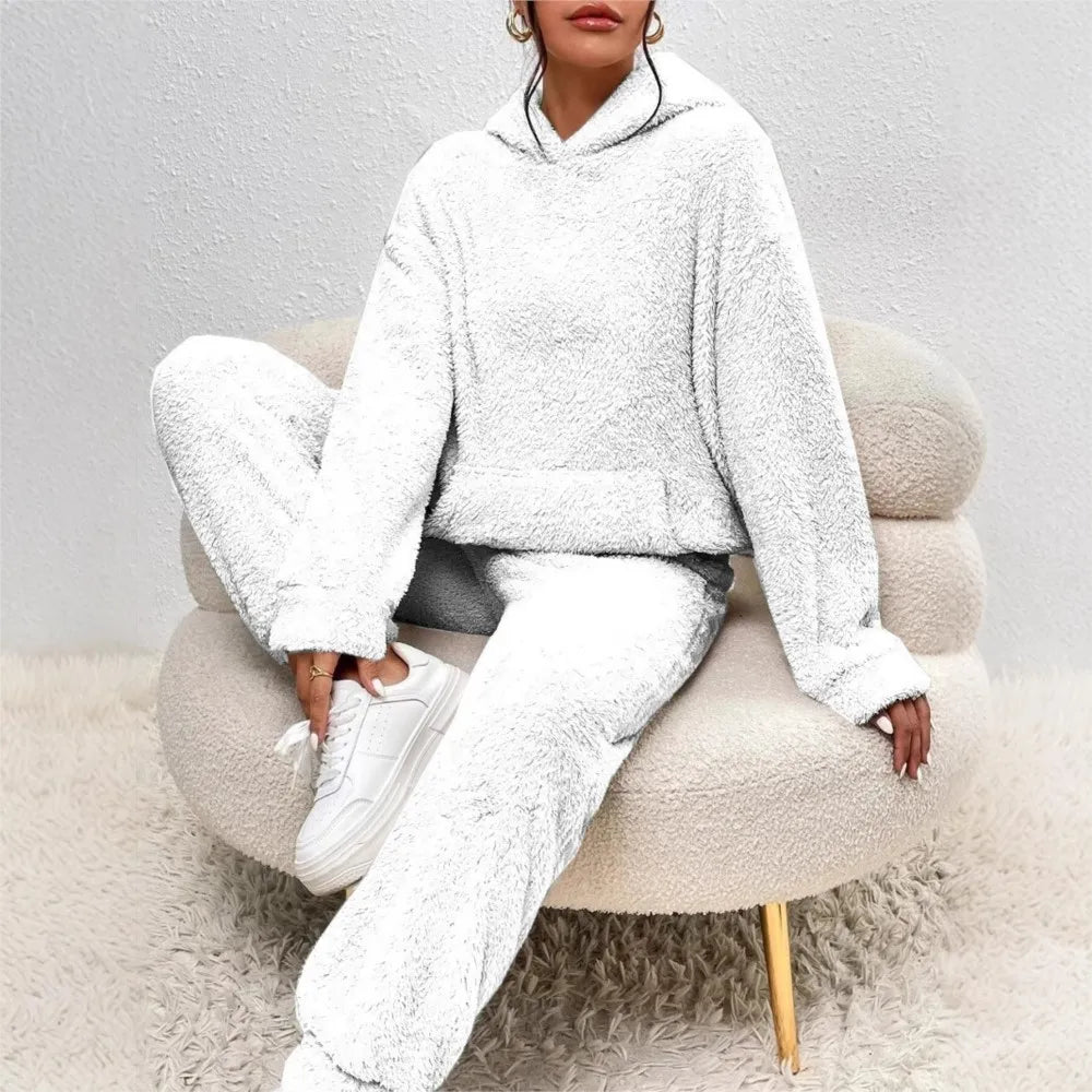 Woman wearing white brushed fleece hooded loungewear set