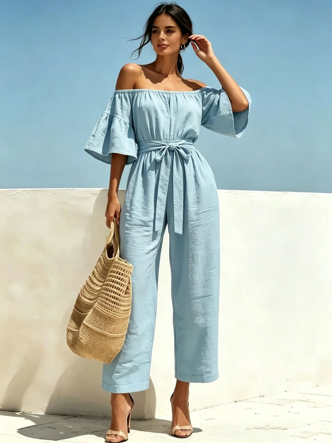 Monroe Off Shoulder Front Tie Waist Jumpsuit