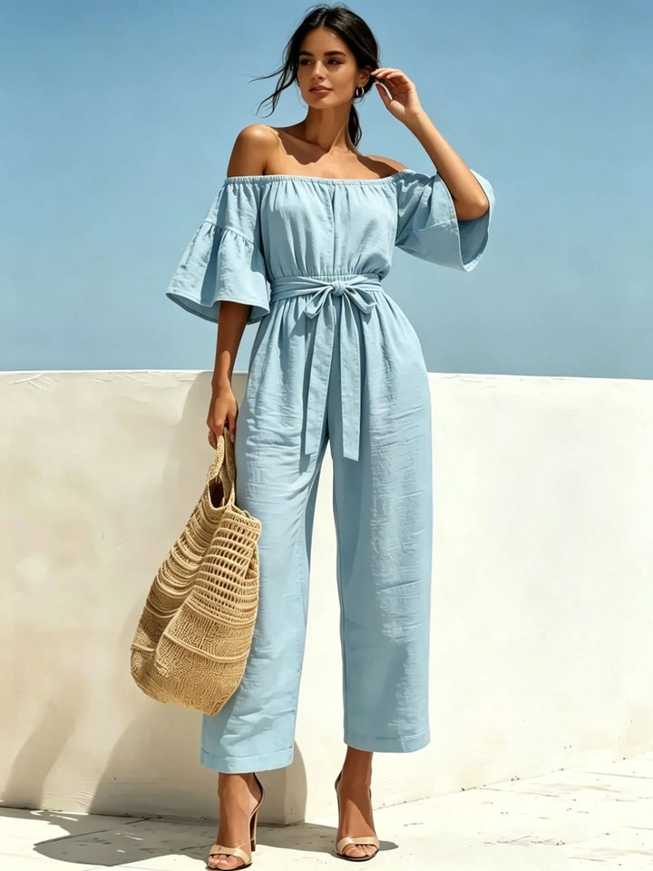 Monroe Off Shoulder Front Tie Waist Jumpsuit