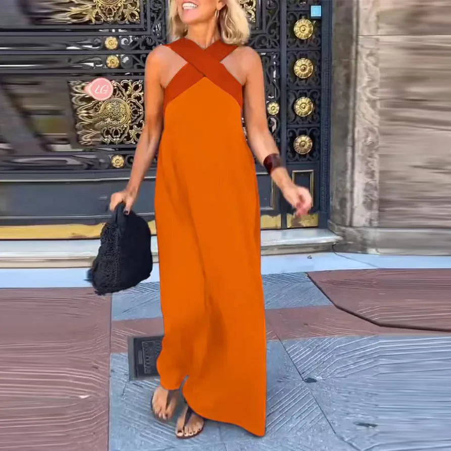 Valentina Contrast Halter Backless Maxi Dress