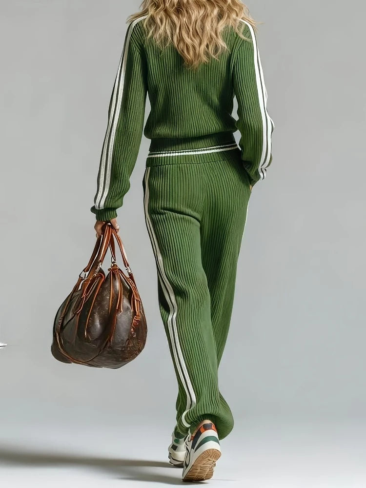 Back view of green ribbed knit half zip top and wide leg pants