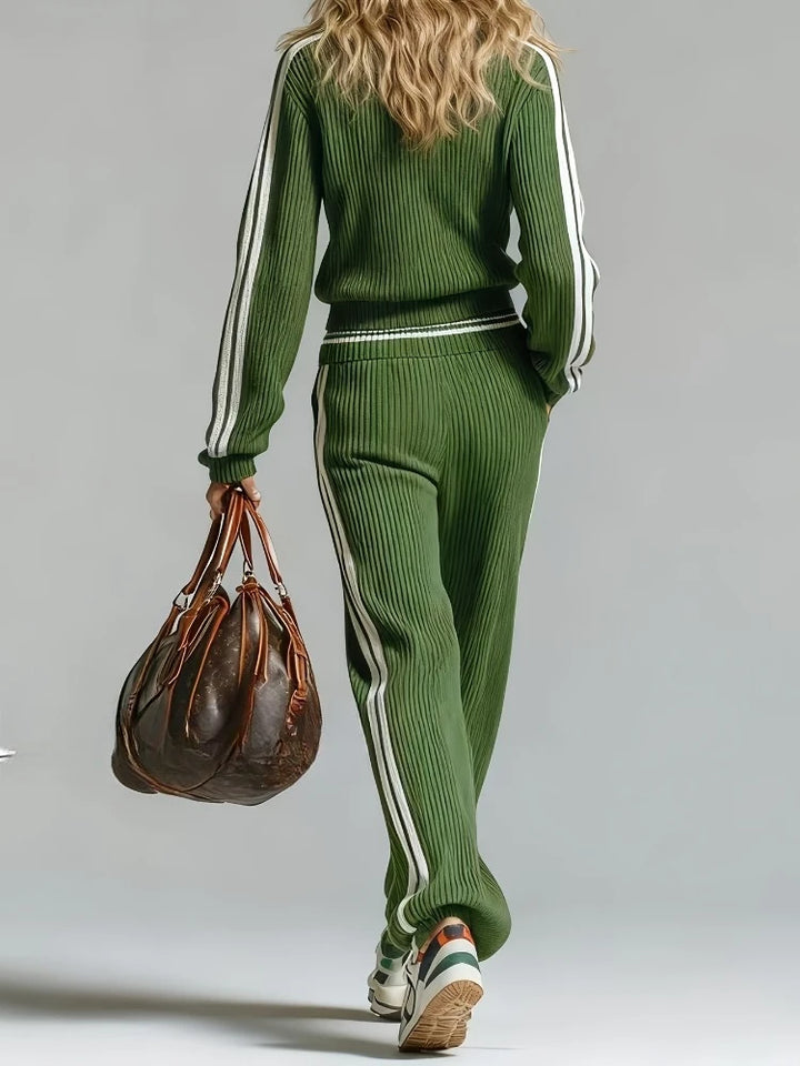 Back view of green ribbed knit half zip top and wide leg pants