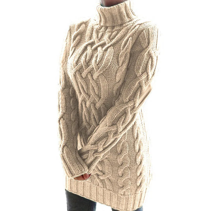 Khaki cable knit turtleneck sweater dress, front angled view