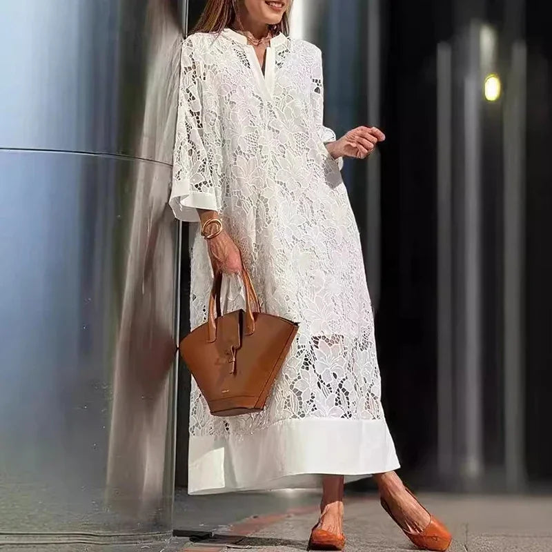 Beatrice Embroidered Eyelet V Neck Maxi Dress