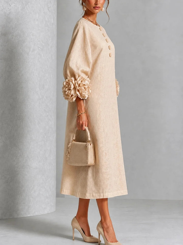Side view of apricot midi dress showing loose straight silhouette