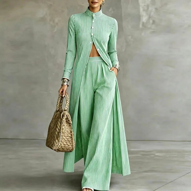 Woman wearing green striped two piece set with wide leg pants