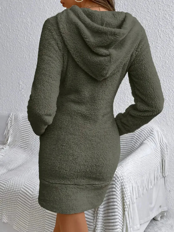 Back view of olive green fuzzy hooded mini dress
