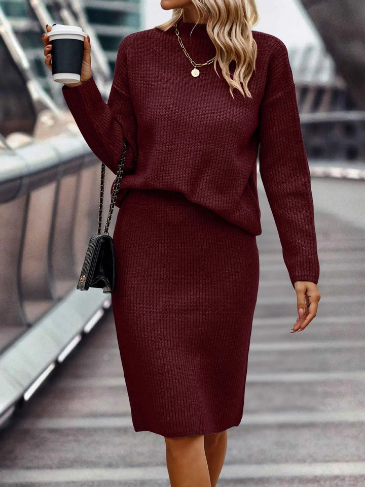 Close up of burgundy ribbed knit sweater and skirt set