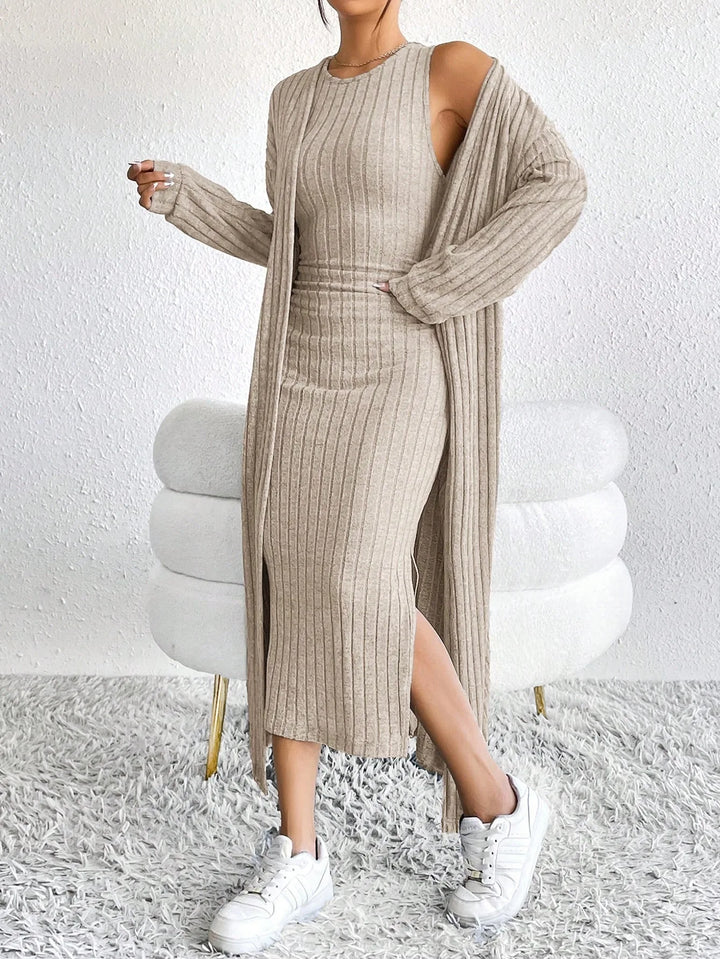 Woman posing in khaki ribbed sheath dress and long duster cardigan set