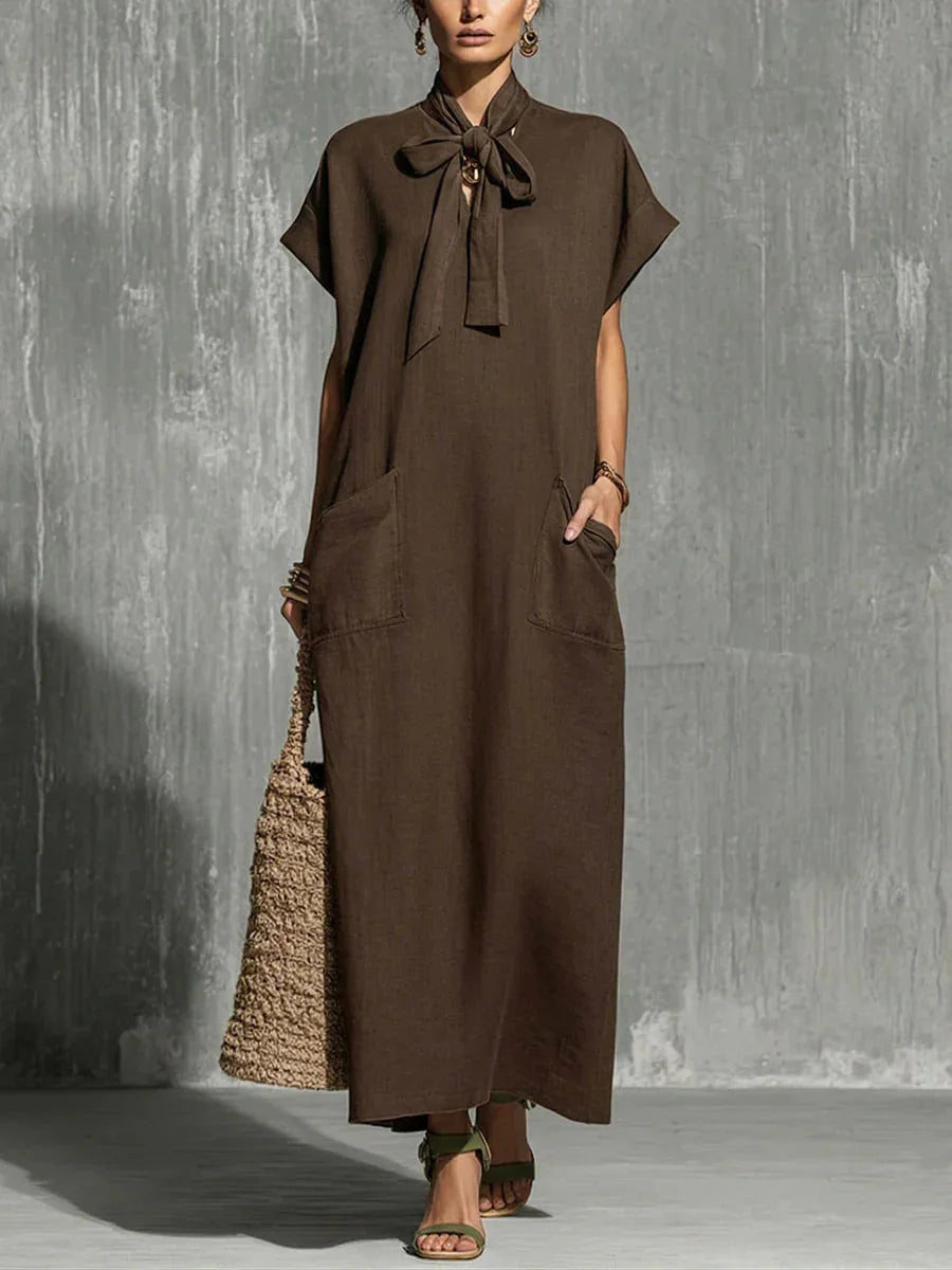 Charlotte Vintage V Neck Short Sleeve Flowing Maxi Dress