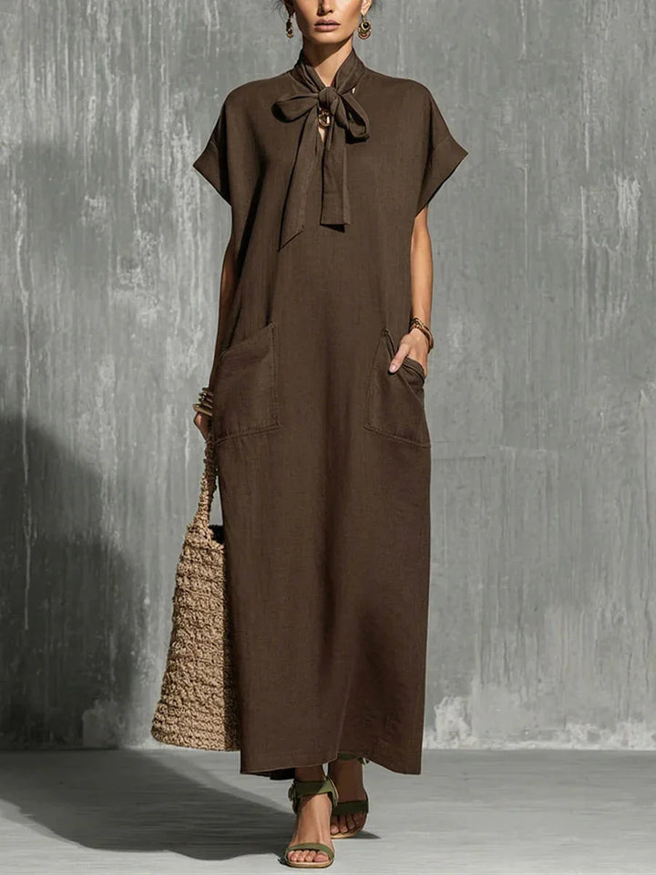 Charlotte Vintage V Neck Short Sleeve Flowing Maxi Dress