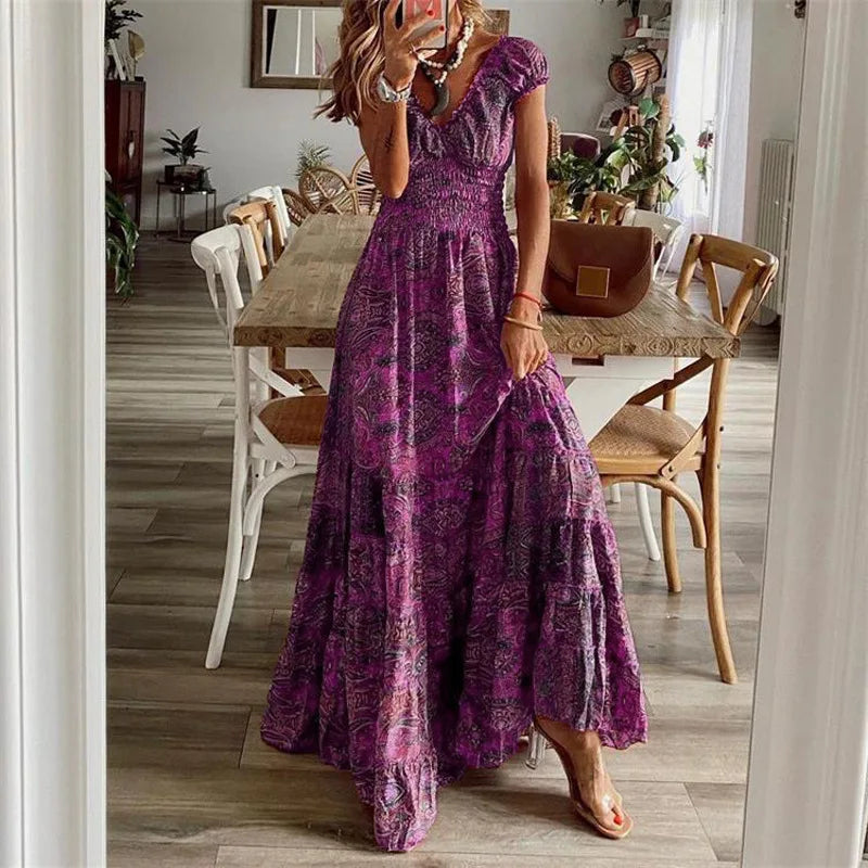 Lyra Bohemian Printed Petal Sleeve Maxi Dress
