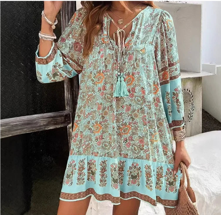 Delilah Relaxed Boho Print Long Sleeve Mini Dress