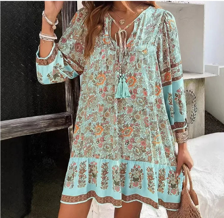 Delilah Relaxed Boho Print Long Sleeve Mini Dress
