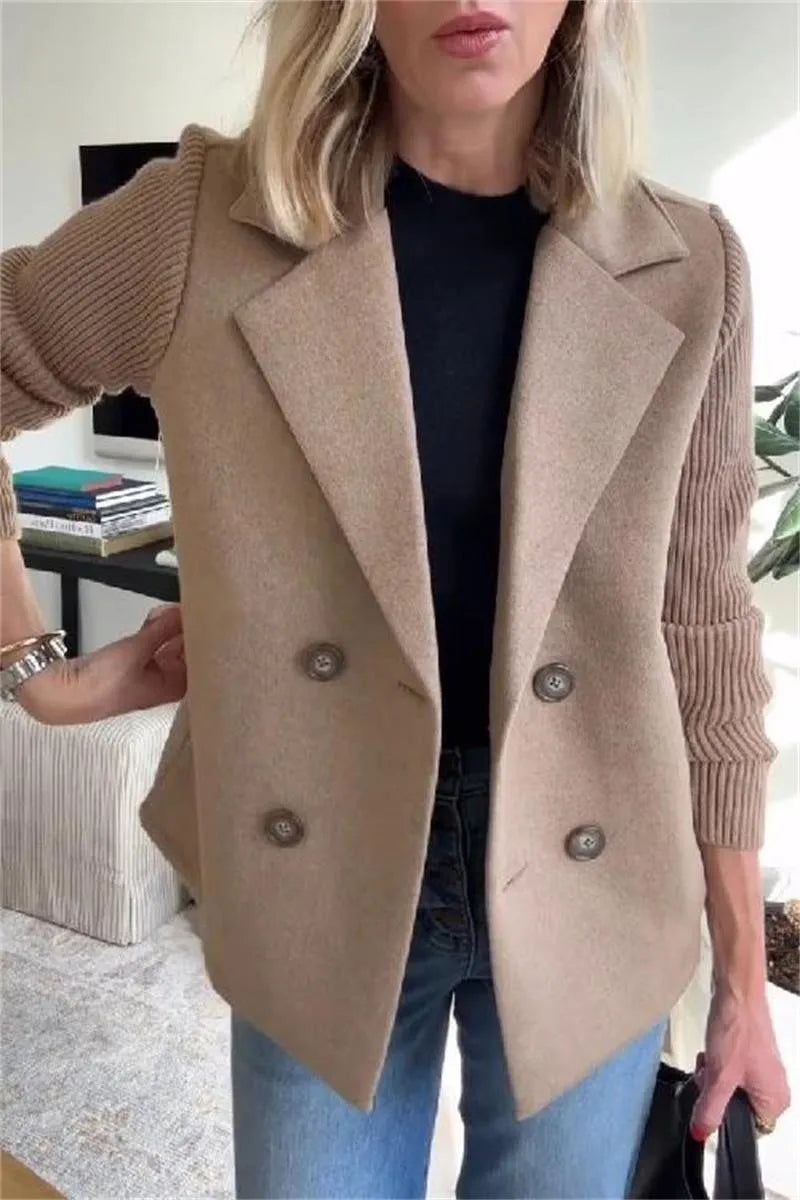 Close view of camel double-breasted blazer with notched lapel