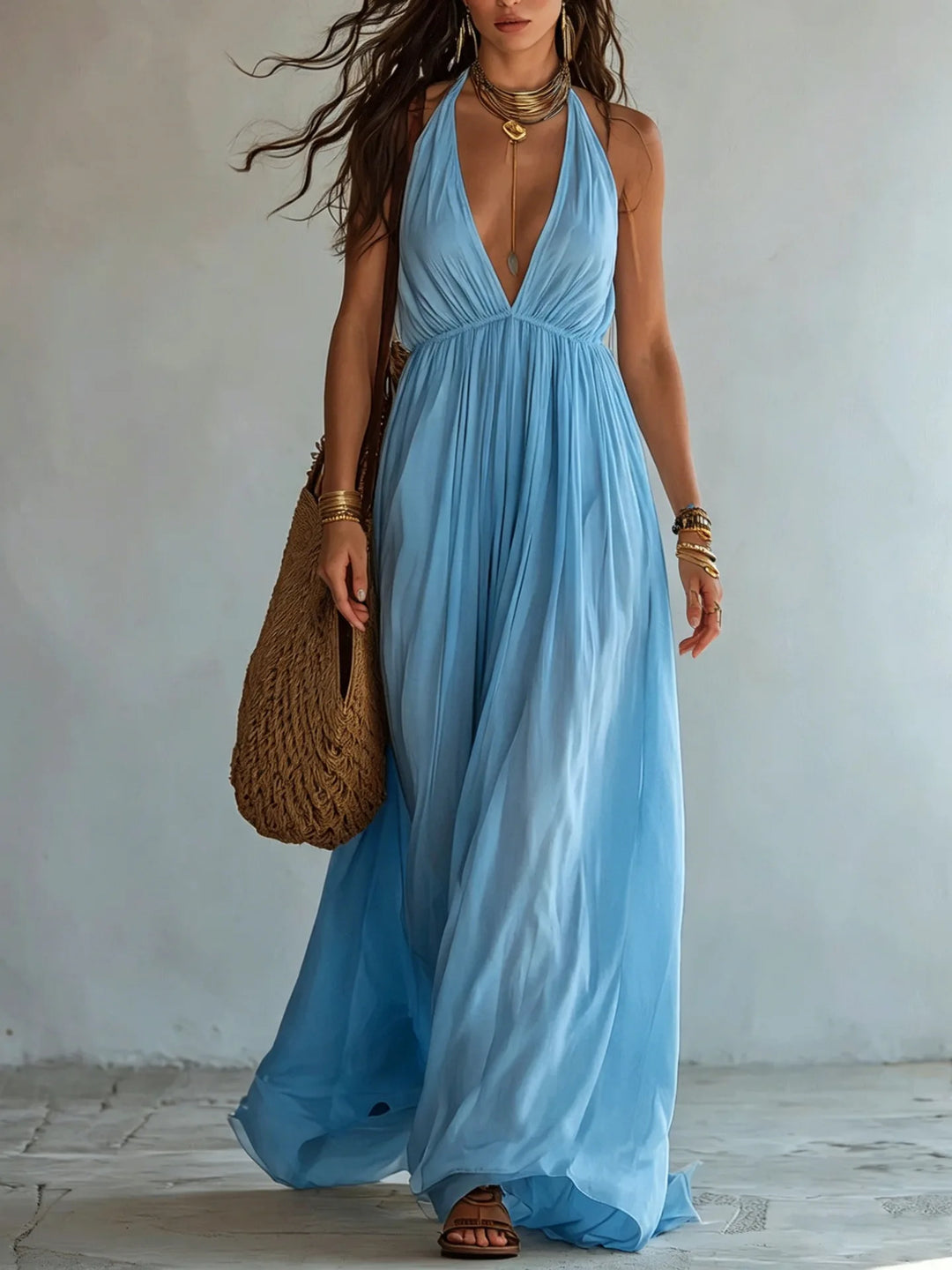 Evelina Deep V Neck Maxi Dress