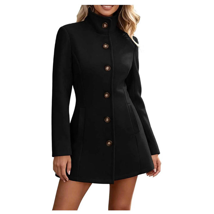 Black stand collar wool coat with button front