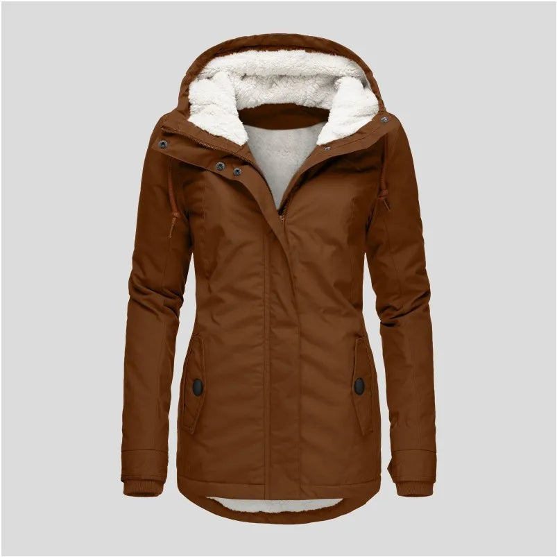 Brown hooded parka jacket with sherpa lined hood, front view