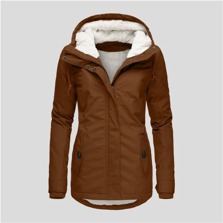 Brown hooded parka jacket with sherpa lined hood, front view