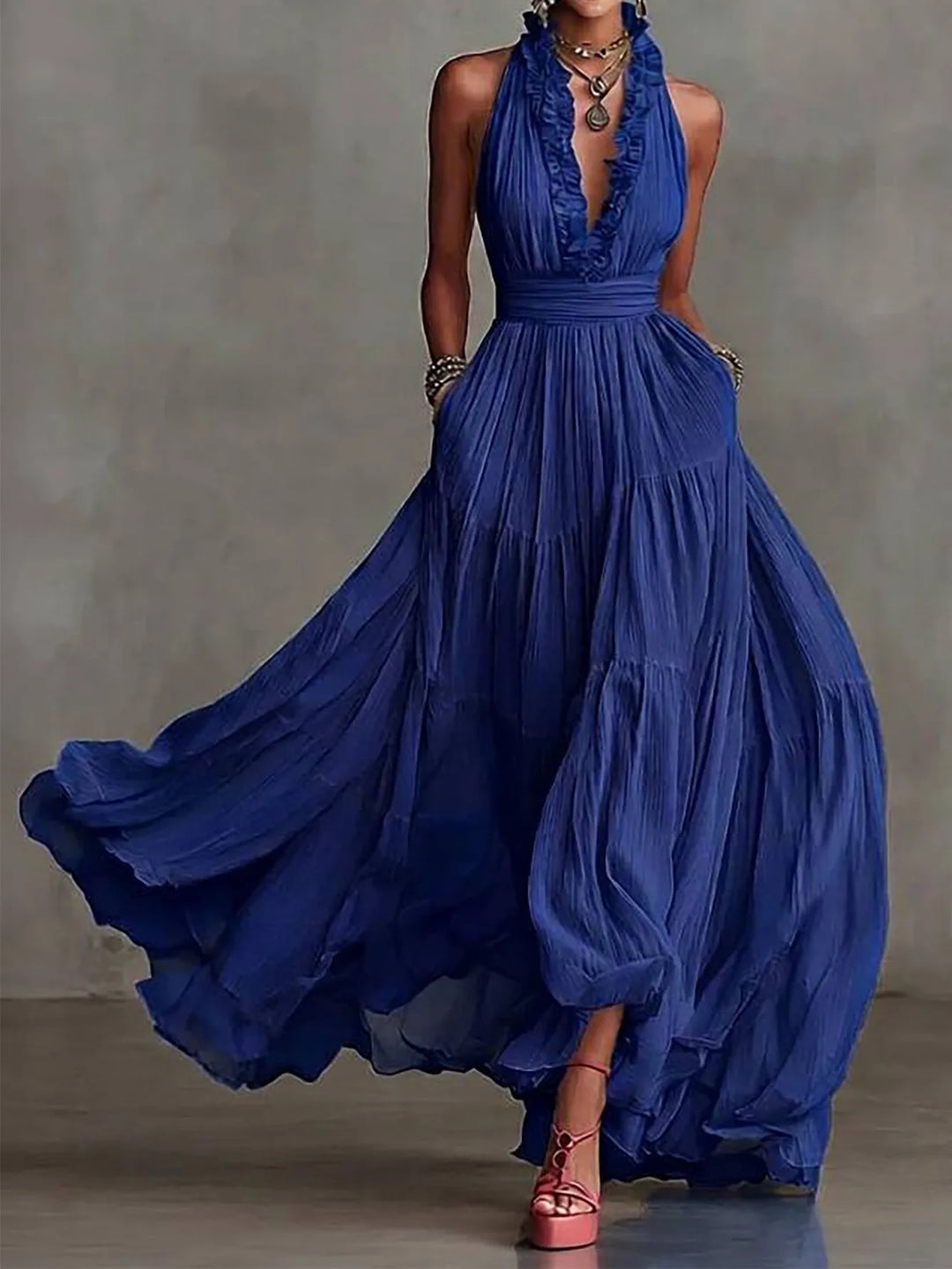 Brenda Ruffle Trim Evening Maxi Dress