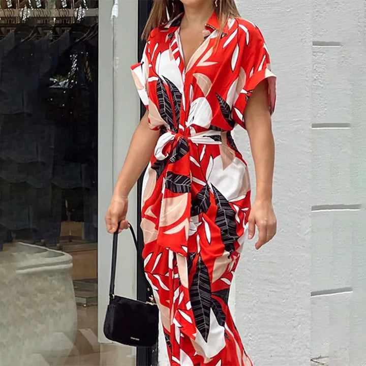 Rose Printed Tie Waist Shirt Midi Dress