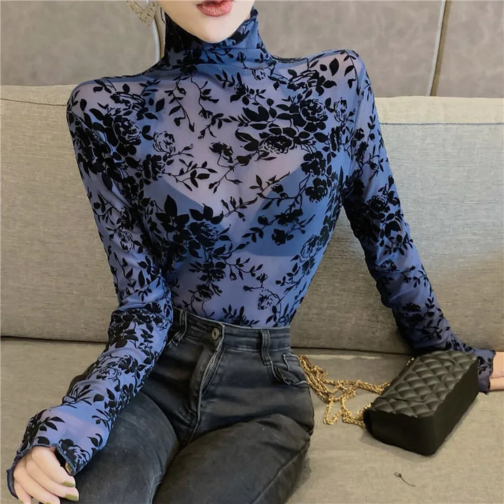 Eleanor Flocked Mesh Turtleneck