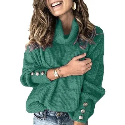 Woman wearing green ribbed turtleneck sweater with button cuffs
